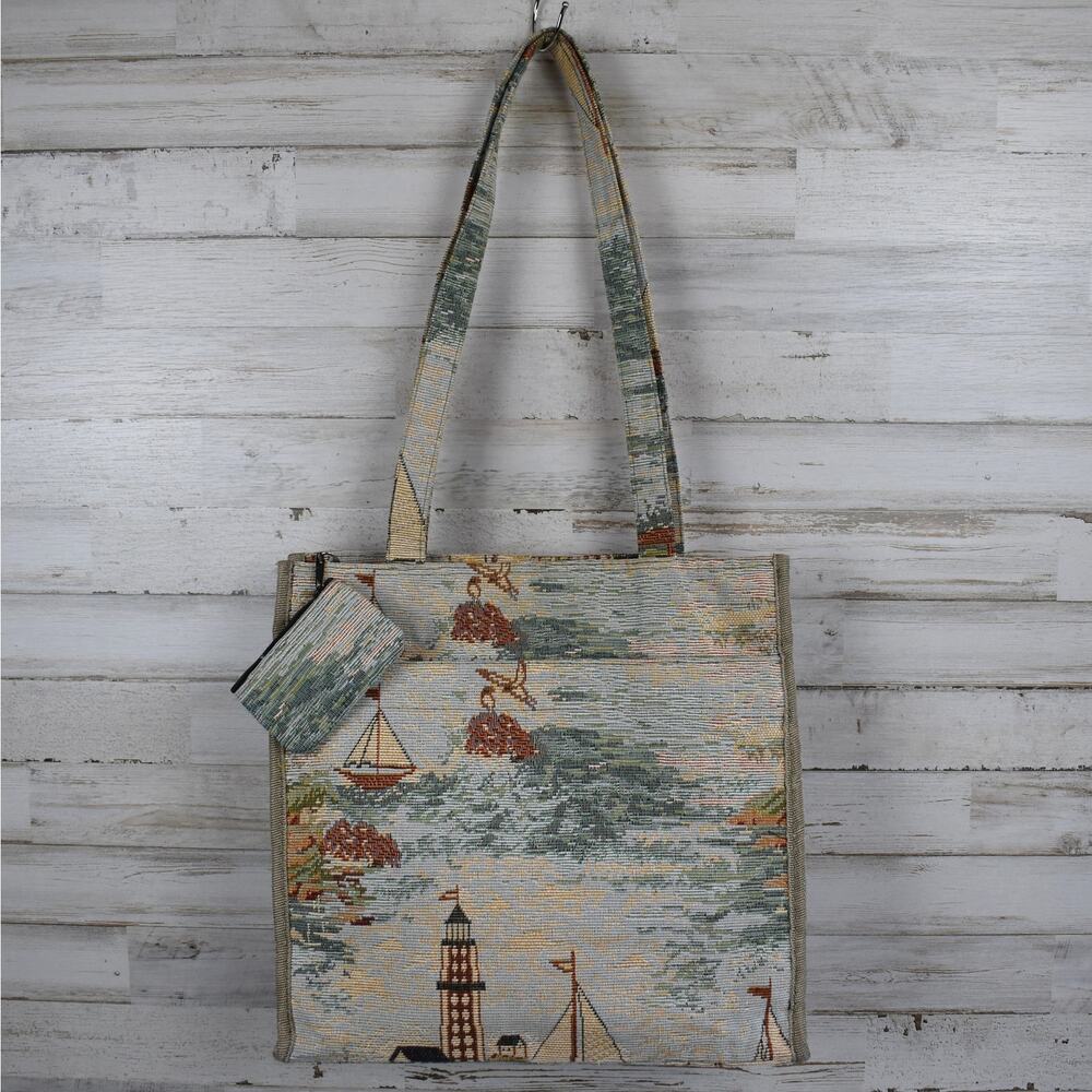 Vintage Jade Nautical Tapestry Shoulder Bag Tote Coastal Boat Lighthouse Purse